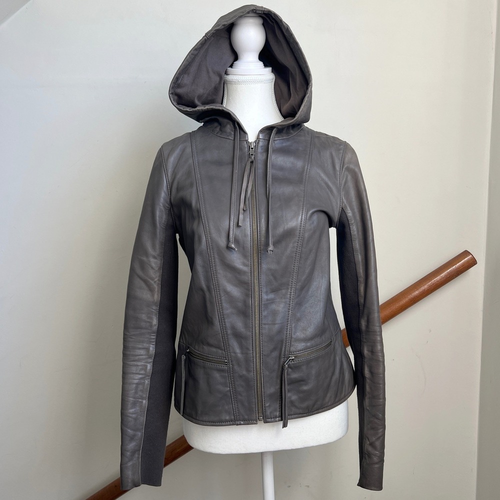 Y2K Fitted Leather Moto Jacket XS Gray Hooded Biker Tassel Knit Panels Full Zip